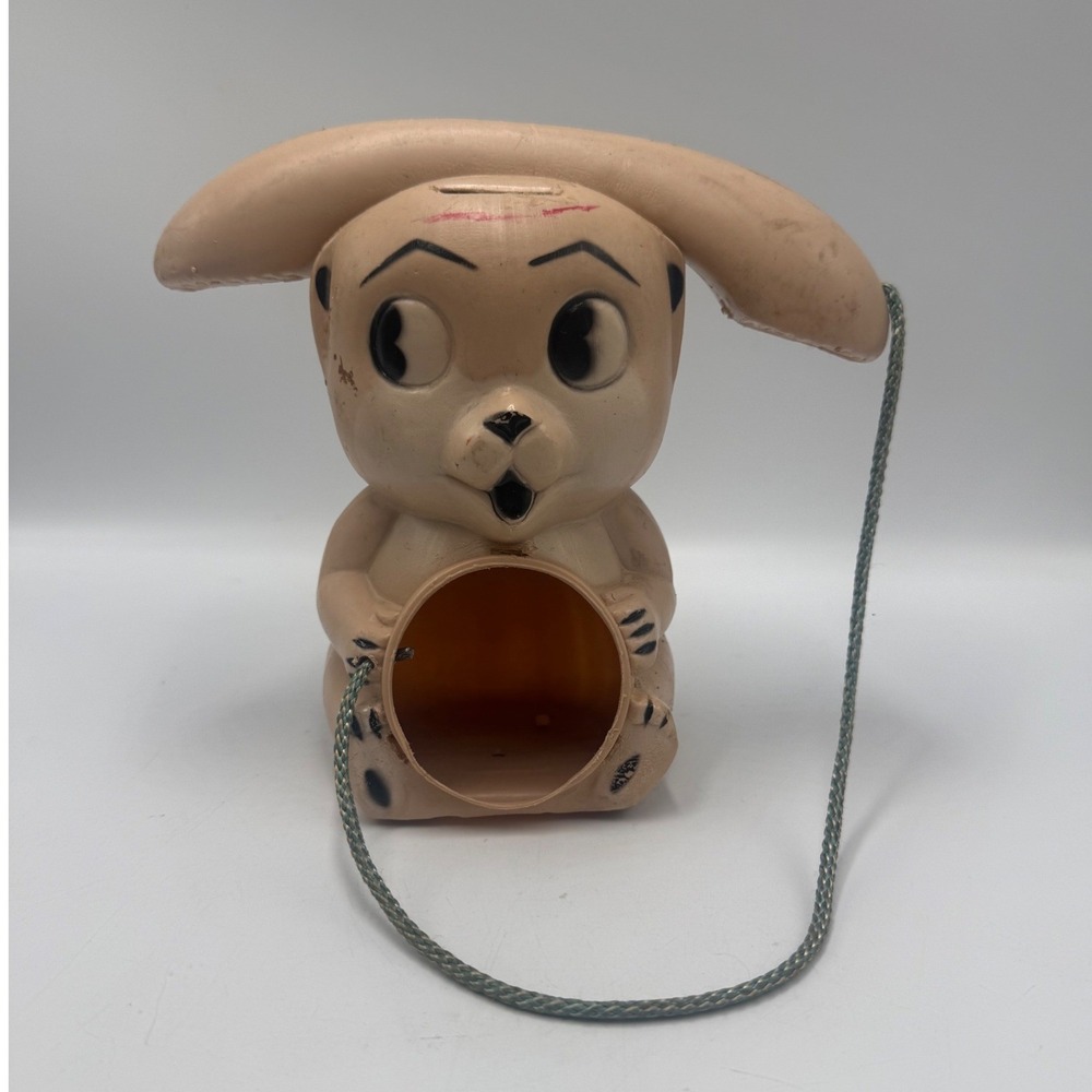 Vintage Rubber Dog Telephone Bank Squeeze Toy Tan Novelty Kitsch Retro Decor